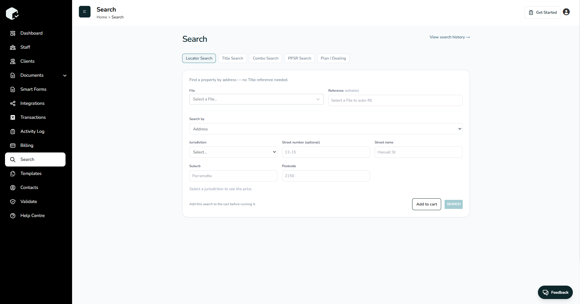 Conveyancing search in Chekbox
